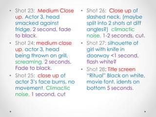 • Shot 23: Medium Close
up, Actor 3, head
smacked against
fridge, 2 second, fade
to black.
• Shot 24: medium close
up, actor 3, head
being thrown on grill,
screaming, 2 seconds.
Fade to black.
• Shot 25: close up of
actor 3’s face burns, no
movement, Climactic
noise, 1 second, cut
• Shot 26: Close up of
slashed neck, (maybe
split into 2 shots at diff
angles?) climactic
noise, 1-2 seconds, cut.
• Shot 27: silhouette of
girl with knife in
doorway <1 second,
flash white?
• Shot 28: Title screen
“Ritual” Black on white,
movie font, idents on
bottom 5 seconds.
 