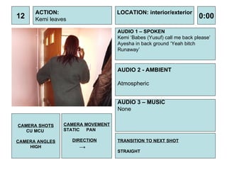 12 ACTION: Kemi leaves AUDIO 1 – SPOKEN Kemi ‘Babes (Yusuf) call me back please’ Ayesha in back ground ‘Yeah bitch  Runaway’ 0:00 LOCATION: interior/exterior TRANSITION TO NEXT SHOT STRAIGHT AUDIO 2 - AMBIENT Atmospheric  AUDIO 3 – MUSIC None CAMERA SHOTS CU MCU  CAMERA ANGLES HIGH CAMERA MOVEMENT STATIC PAN DIRECTION -> 