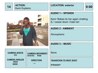 14 ACTION: Kemi Explains  AUDIO 1 – SPOKEN Kemi ‘Babes its her again chatting S, I swear down I hate her’ 0:00 LOCATION: exterior TRANSITION TO NEXT SHOT STRAIGHT AUDIO 2 - AMBIENT Atmospheric  AUDIO 3 – MUSIC None  CAMERA SHOTS CU CAMERA ANGLES HIGH WIDE  CAMERA MOVEMENT STATIC PAN DIRECTION -> 