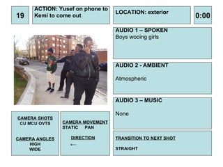 19 ACTION: Yusef on phone to Kemi to come out AUDIO 1 – SPOKEN Boys wooing girls  0:00 LOCATION: exterior TRANSITION TO NEXT SHOT STRAIGHT AUDIO 2 - AMBIENT Atmospheric  AUDIO 3 – MUSIC None  CAMERA SHOTS CU MCU OVTS CAMERA ANGLES HIGH WIDE CAMERA MOVEMENT STATIC PAN DIRECTION ← 