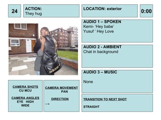 24 ACTION: They hug  AUDIO 1 – SPOKEN Kemi- ‘Hey babe’ Yusuf ‘ Hey Love  0:00 LOCATION: exterior TRANSITION TO NEXT SHOT STRAIGHT AUDIO 2 - AMBIENT Chat in background  AUDIO 3 – MUSIC None  CAMERA SHOTS CU MCU CAMERA ANGLES EYE  HIGH WIDE CAMERA MOVEMENT PAN DIRECTION -> 