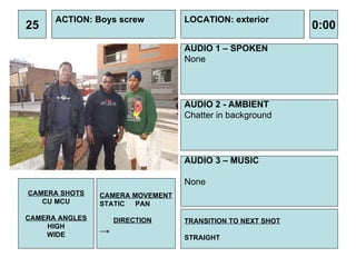 25 ACTION: Boys screw AUDIO 1 – SPOKEN None  0:00 LOCATION: exterior TRANSITION TO NEXT SHOT STRAIGHT AUDIO 2 - AMBIENT Chatter in background  AUDIO 3 – MUSIC None  CAMERA SHOTS CU MCU CAMERA ANGLES HIGH WIDE CAMERA MOVEMENT STATIC PAN DIRECTION -> 