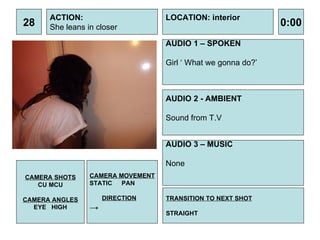 28 ACTION: She leans in closer AUDIO 1 – SPOKEN Girl ‘ What we gonna do?’ 0:00 LOCATION: interior TRANSITION TO NEXT SHOT STRAIGHT AUDIO 2 - AMBIENT Sound from T.V  AUDIO 3 – MUSIC None  CAMERA SHOTS CU MCU CAMERA ANGLES EYE  HIGH CAMERA MOVEMENT STATIC PAN DIRECTION -> 