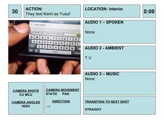30 ACTION: They text Kemi as Yusuf  AUDIO 1 – SPOKEN None 0:00 LOCATION: interior TRANSITION TO NEXT SHOT STRAIGHT AUDIO 2 - AMBIENT T.V  AUDIO 3 – MUSIC None CAMERA SHOTS CU MCU CAMERA ANGLES HIGH CAMERA MOVEMENT STATIC PAN DIRECTION -> 