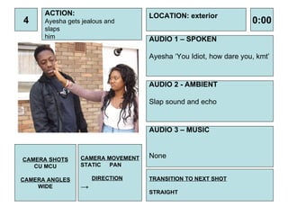 4 ACTION: Ayesha gets jealous and  slaps him AUDIO 1 – SPOKEN Ayesha ‘You Idiot, how dare you, kmt’ 0:00 LOCATION: exterior TRANSITION TO NEXT SHOT STRAIGHT AUDIO 2 - AMBIENT Slap sound and echo  AUDIO 3 – MUSIC None CAMERA SHOTS CU MCU CAMERA ANGLES WIDE CAMERA MOVEMENT STATIC PAN DIRECTION -> 