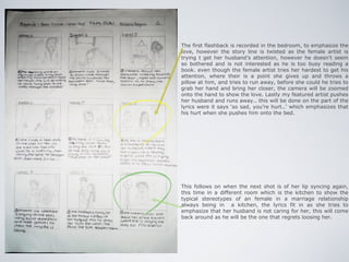 The first flashback is recorded in the bedroom, to emphasize the
love, however the story line is twisted as the female artist is
trying t get her husband’s attention, however he doesn’t seem
so bothered and is not interested as he is too busy reading a
book. even though the female artist tries her hardest to get his
attention, where their is a point she gives up and throws a
pillow at him, and tries to run away, before she could he tries to
grab her hand and bring her closer, the camera will be zoomed
onto the hand to show the love. Lastly my featured artist pushes
her husband and runs away.. this will be done on the part of the
lyrics were it says ‘so sad, you’re hurt..’ which emphasizes that
his hurt when she pushes him onto the bed.




This follows on when the next shot is of her lip syncing again,
this time in a different room which is the kitchen to show the
typical stereotypes of an female in a marriage relationship
always being in a kitchen, the lyrics fit in as she tries to
emphasize that her husband is not caring for her, this will come
back around as he will be the one that regrets loosing her.
 