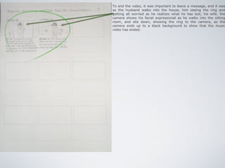 To end the video, it was important to leave a message, and it was
as the husband walks into the house, him seeing the ring and
getting all worried as he realizes what he has lost, his wife. the
camera shows his facial expressional as he walks into the sitting
room, and sits down, showing the ring to the camera, as the
camera ends up to a black background to show that the music
video has ended.
 