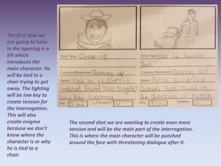 The first shot we
are going to have
in the opening is a
tilt which
introduces the
main character. He
will be tied to a
chair trying to get
away. The lighting
will be low key to
create tension for
the interrogation.
This will also
create enigma         The second shot we are wanting to create even more
because we don’t      tension and will be the main part of the interrogation.
know where the        This is where the main character will be punched
character is or why   around the face with threatening dialogue after it.
he is tied to a
chair.
 
