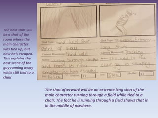 The next shot will
be a shot of the
room where the
main character
was tied up, but
now he’s escaped.
This explains the
next scene of the
guy running away
while still tied to a
chair


                        The shot afterward will be an extreme long shot of the
                        main character running through a field while tied to a
                        chair. The fact he is running through a field shows that is
                        in the middle of nowhere.
 