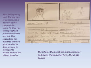 After falling out of
shot, The guy then
re-appears and is
now out of the
char and the
ropes. He then rips
the tape off and
puts on his shades
and hat. This
suggests to the
audience that he’s
good at what he
does because he
managed to
escape without the     The villains then spot the main character
villains knowing.      and starts chasing after him…The chase
                       begins.
 