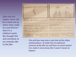 After the low
angles, there will
be a zoom out of
where they really
are and discover
that it’s a
children’s park.
We thought this
will contribute to
                     This will then lead onto a mid shot of the villain
our comedy side
                     confused faces. To make this an awkward
to the film.         moment of the film we will have no music behind
                     it to make it more funny like it wasn’t meant to
                     happen.
 