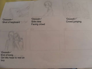 'Oooooh~'
Shot of keyboard
'Oooooh~'
Side view
Facing crowd
'Oooooh~'
Crowd jumping
'Oooooh~'
End of song
Girl tilts head to rest on
boy
 