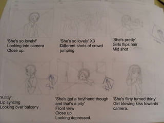 'She's so lovely!'
Looking into camera
Close up.
'She's so lovely' X3
Different shots of crowd
jumping
'She's pretty'
Girls flips hair
Mid shot
'A fitty'
Lip syncing
Looking over balcony
'She's got a boyfriend though
and that's a pity'
Front view
Close up
Looking depressed.
'She's flirty turned thirty'
Girl blowing kiss towards
camera.
 