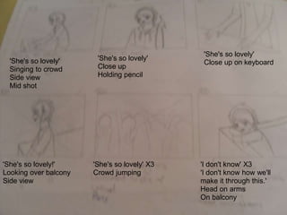 'She's so lovely'
Singing to crowd
Side view
Mid shot
'She's so lovely'
Close up
Holding pencil
'She's so lovely'
Close up on keyboard
'She's so lovely!'
Looking over balcony
Side view
'She's so lovely' X3
Crowd jumping
'I don't know' X3
'I don't know how we'll
make it through this.'
Head on arms
On balcony
 