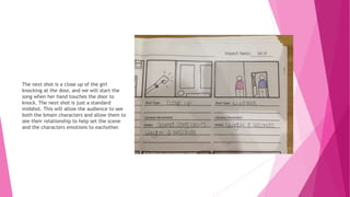 The next shot is a close up of the girl
knocking at the door, and we will start the
song when her hand touches the door to
knock. The next shot is just a standard
midshot. This will allow the audience to see
both the bmain characters and allow them to
see their relationship to help set the scene
and the characters emotions to eachother.
 