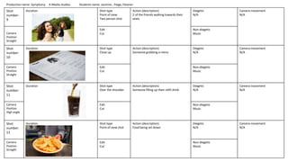 Shot
number:
9
Duration Shot type
Point of view
Two person shot
Action (description)
2 of the friends walking towards thei...