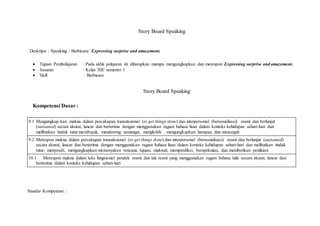 Story Board Speaking
Deskripsi : Speaking / Berbicara/ Expressing surprise and amazement.
 Tujuan Pembelajaran : Pada akhir pelajaran ini diharapkan mampu mengungkapkan dan merespon Expressing surprise and amazement.
 Sasaran : Kelas XII/ semester I
 Skill : Berbicara
Story Board Speaking
Kompetensi Dasar:
9.1 Mengungkap-kan makna dalam percakapan transaksional (to get things done) dan interpersonal (bersosialisasi) resmi dan berlanjut
(sustained) secara akurat, lancar dan berterima dengan menggunakan ragam bahasa lisan dalam konteks kehidupan sehari-hari dan
melibatkan tindak tutur:membujuk, mendorong semangat, mengkritik , mengungkapkan harapan, dan mencegah
9.2 Merespon makna dalam percakapan transaksional (to get things done) dan interpersonal (bersosialisasi) resmi dan berlanjut (sustained)
secara akurat, lancar dan berterima dengan menggunakan ragam bahasa lisan dalam konteks kehidupan sehari-hari dan melibatkan tindak
tutur: menyesali, mengungkapkan/menanyakan rencana, tujuan, maksud, memprediksi, berspekulasi, dan memberikan penilaian
10.1 Merespon makna dalam teks fungsional pendek resmi dan tak resmi yang menggunakan ragam bahasa tulis secara akurat, lancar dan
berterima dalam konteks kehidupan sehari-hari
Standar Kompetensi :
 