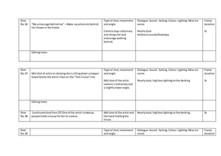 Shot
No.36 “My entourage behindme”– Make-upartistsetcbehind
hershown in the frame.
Type of shot,movement
and angle.
Camerastays stationary
and showsherand
entourage walking
behind.
Dialogue.Sound. Setting.Colour.Lighting.Mise-en-
scene.
Nearlydusk
Ambientsounds/footsteps
Frame
duration
3s
Editingnotes
Shot
No.37 Mid shotof artiston deckingshe issittingdownaclapper
board blocksthe artist’sface on the “Tom Cruise”line
Type of shot,movement
and angle.
Mid shotof the artist
camera isstationaryand
a slightlylowerangle.
Dialogue.Sound. Setting.Colour.Lighting.Mise-en-
scene.
Nearlydusk,highkeylightingonthe decking
Frame
duration
3s
Editingnotes
Shot
No.38
(continuedshotfrom37) One of the artist’smakeup
people holdsatissue forherto sneeze.
Mid shotof the artist and
the hand holdingthe
tissue.
Nearlydusk,highkeylightingonthe decking. 3s
Shot
No.39
Type of shot,movement
and angle.
Dialogue.Sound. Setting.Colour.Lighting.Mise-en-
scene.
Frame
duration
 