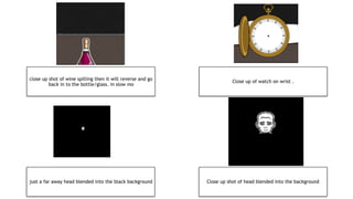 close up shot of wine spilling then it will reverse and go
back in to the bottle/glass. in slow mo
Close up of watch on wrist .
just a far away head blended into the black background Close up shot of head blended into the background
 