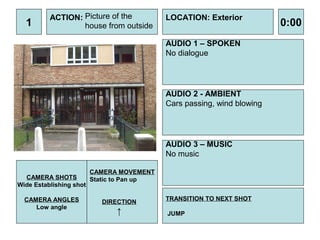 ACTION: Picture of the           LOCATION: Exterior
  1              house from outside                                    0:00
                                          AUDIO 1 – SPOKEN
                                          No dialogue




                                          AUDIO 2 - AMBIENT
                                          Cars passing, wind blowing




                                          AUDIO 3 – MUSIC
                                          No music

                       CAMERA MOVEMENT
  CAMERA SHOTS         Static to Pan up
Wide Establishing shot

 CAMERA ANGLES                            TRANSITION TO NEXT SHOT
                        DIRECTION
    Low angle
                            ↑             JUMP
 