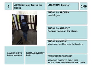ACTION: Harry leaves the      LOCATION: Exterior
5      house                                                        0:00
                                     AUDIO 1 – SPOKEN
                                     No dialogue




                                     AUDIO 2 – AMBIENT
                                     General noise on the street.



                                     AUDIO 3 – MUSIC
                                     Music cuts as Harry shuts the door


CAMERA SHOTS       CAMERA MOVEMENT
Behind long shot   Static            TRANSITION TO NEXT SHOT

                                     STRAIGHT DISSOLVE FADE WIPE
                                     MATCH JUMP SUPERIMPOSITION OTHER
 