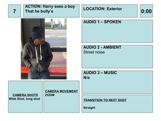ACTION: Harry sees a boy
                                         LOCATION: Exterior
  7       That he bully’s                                          0:00
                                         AUDIO 1 – SPOKEN




                                         AUDIO 2 - AMBIENT
                                         Street noise




                                         AUDIO 3 – MUSIC
                                         N/a


                       CAMERA MOVEMENT
  CAMERA SHOTS         ZOOM
Wide Shot, long shot                     TRANSITION TO NEXT SHOT

                                         Straight
 