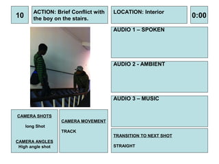 ACTION: Brief Conflict with   LOCATION: Interior
10      the boy on the stairs.                                  0:00
                                      AUDIO 1 – SPOKEN




                                      AUDIO 2 - AMBIENT




                                      AUDIO 3 – MUSIC


CAMERA SHOTS
                   CAMERA MOVEMENT
     long Shot
                   TRACK
                                      TRANSITION TO NEXT SHOT
CAMERA ANGLES
 High angle shot                      STRAIGHT
 