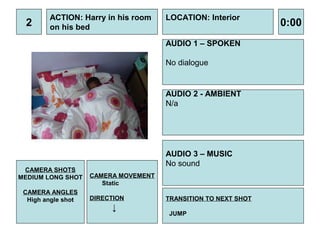 ACTION: Harry in his room     LOCATION: Interior
 2      on his bed                                              0:00
                                      AUDIO 1 – SPOKEN

                                      No dialogue


                                      AUDIO 2 - AMBIENT
                                      N/a




                                      AUDIO 3 – MUSIC
                                      No sound
 CAMERA SHOTS
MEDIUM LONG SHOT    CAMERA MOVEMENT
                       Static
 CAMERA ANGLES
  High angle shot   DIRECTION         TRANSITION TO NEXT SHOT
                         ↓
                                      JUMP
 