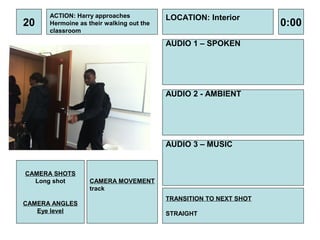 ACTION: Harry approaches            LOCATION: Interior
20    Hermoine as their walking out the                             0:00
      classroom

                                          AUDIO 1 – SPOKEN




                                          AUDIO 2 - AMBIENT




                                          AUDIO 3 – MUSIC


CAMERA SHOTS
  Long shot        CAMERA MOVEMENT
                   track
                                          TRANSITION TO NEXT SHOT
CAMERA ANGLES
   Eye level                              STRAIGHT
 