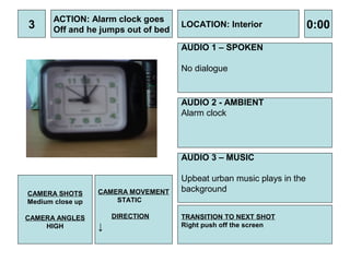 ACTION: Alarm clock goes
3      Off and he jumps out of bed
                                     LOCATION: Interior                0:00
                                     AUDIO 1 – SPOKEN

                                     No dialogue


                                     AUDIO 2 - AMBIENT
                                     Alarm clock




                                     AUDIO 3 – MUSIC

                                     Upbeat urban music plays in the
CAMERA SHOTS      CAMERA MOVEMENT    background
Medium close up       STATIC

CAMERA ANGLES         DIRECTION      TRANSITION TO NEXT SHOT
    HIGH          ↓                  Right push off the screen
 