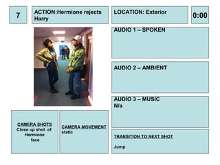 ACTION:Hermione rejects       LOCATION: Exterior
7      Harry                                                   0:00
                                     AUDIO 1 – SPOKEN




                                     AUDIO 2 – AMBIENT




                                     AUDIO 3 – MUSIC
                                     N/a


CAMERA SHOTS
                   CAMERA MOVEMENT
Close up shot of
                   static
    Hermione                         TRANSITION TO NEXT SHOT
       face
                                     Jump
 