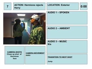 ACTION: Hermione rejects      LOCATION: Exterior
7      Harry                                                   0:00
                                     AUDIO 1 – SPOKEN




                                     AUDIO 2 – AMBIENT




                                     AUDIO 3 – MUSIC
                                     N/a


CAMERA SHOTS
                   CAMERA MOVEMENT
Close up shot of
                   static
    Hermione                         TRANSITION TO NEXT SHOT
       face
                                     Jump
 