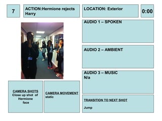 ACTION:Hermione rejects       LOCATION: Exterior
7      Harry                                                   0:00
                                     AUDIO 1 – SPOKEN




                                     AUDIO 2 – AMBIENT




                                     AUDIO 3 – MUSIC
                                     N/a


CAMERA SHOTS
                   CAMERA MOVEMENT
Close up shot of
                   static
    Hermione                         TRANSITION TO NEXT SHOT
       face
                                     Jump
 