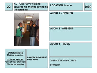 ACTION: Harry walking
                                       LOCATION: Interior
  22     towards his friends saying he                                0:00
          rejected her
                                       AUDIO 1 – SPOKEN




                                            AUDIO 2 - AMBIENT




                                            AUDIO 3 – MUSIC


  CAMERA SHOTS
  Medium long shot
                          CAMERA MOVEMENT
  CAMERA ANGLES           Fixed frame       TRANSITION TO NEXT SHOT
Point of view shot from
  friends perspective                       STRAIGHT
 