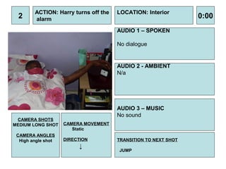 ACTION: Harry turns off the   LOCATION: Interior
 2      alarm                                                   0:00
                                      AUDIO 1 – SPOKEN

                                      No dialogue


                                      AUDIO 2 - AMBIENT
                                      N/a




                                      AUDIO 3 – MUSIC
                                      No sound
 CAMERA SHOTS
MEDIUM LONG SHOT    CAMERA MOVEMENT
                       Static
 CAMERA ANGLES
  High angle shot   DIRECTION         TRANSITION TO NEXT SHOT
                         ↓
                                      JUMP
 
