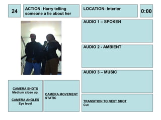 ACTION: Harry telling        LOCATION: Interior
24     someone a lie about her                                0:00
                                    AUDIO 1 – SPOKEN




                                    AUDIO 2 - AMBIENT




                                    AUDIO 3 – MUSIC



CAMERA SHOTS
Medium close up
                  CAMERA MOVEMENT
                  STATIC
CAMERA ANGLES                       TRANSITION TO NEXT SHOT
   Eye level                        Cut
 