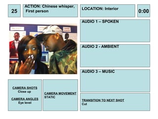 ACTION: Chinese whisper,
                                  LOCATION: Interior
25    First person                                          0:00
                                  AUDIO 1 – SPOKEN




                                  AUDIO 2 - AMBIENT




                                  AUDIO 3 – MUSIC



CAMERA SHOTS
  Close up
                CAMERA MOVEMENT
                STATIC
CAMERA ANGLES                     TRANSITION TO NEXT SHOT
   Eye level                      Cut
 