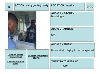 ACTION: Harry getting ready   LOCATION: interior
4                                                                0:00
                                   AUDIO 1 – SPOKEN
                                   No dialogue




                                   AUDIO 2 - AMBIENT

                                   N/A


                                   AUDIO 3 – MUSIC

                                   Urban Music playing in the background
CAMERA SHOTS
                CAMERA MOVEMENT
 Medium Shot
                   STATIC
CAMERA ANGLES                      TRANSITION TO NEXT SHOT
    WIDE
                                            JUMP
 