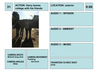 ACTION: Harry leaves          LOCATION: exterior
31     college with his friends                                0:00
                                     AUDIO 1 – SPOKEN




                                     AUDIO 2 - AMBIENT




                                     AUDIO 3 – MUSIC



CAMERA SHOTS
Behind long shot   CAMERA MOVEMENT
                   Tracking
CAMERA ANGLES          the front     TRANSITION TO NEXT SHOT
    Wide                             jump
 