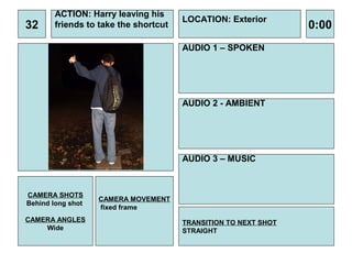 ACTION: Harry leaving his
                                       LOCATION: Exterior
32      friends to take the shortcut                             0:00
                                       AUDIO 1 – SPOKEN




                                       AUDIO 2 - AMBIENT




                                       AUDIO 3 – MUSIC



CAMERA SHOTS
                   CAMERA MOVEMENT
Behind long shot
                   fixed frame
CAMERA ANGLES                          TRANSITION TO NEXT SHOT
    Wide                               STRAIGHT
 