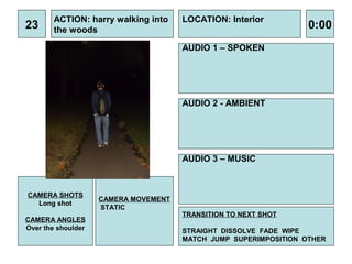 ACTION: harry walking into    LOCATION: Interior
23      the woods                                                 0:00
                                      AUDIO 1 – SPOKEN




                                      AUDIO 2 - AMBIENT




                                      AUDIO 3 – MUSIC



CAMERA SHOTS
                    CAMERA MOVEMENT
  Long shot
                    STATIC
                                      TRANSITION TO NEXT SHOT
CAMERA ANGLES
Over the shoulder                     STRAIGHT DISSOLVE FADE WIPE
                                      MATCH JUMP SUPERIMPOSITION OTHER
 