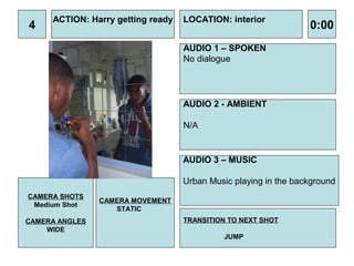 ACTION: Harry getting ready   LOCATION: interior
4                                                                0:00
                                   AUDIO 1 – SPOKEN
                                   No dialogue




                                   AUDIO 2 - AMBIENT

                                   N/A


                                   AUDIO 3 – MUSIC

                                   Urban Music playing in the background
CAMERA SHOTS
                CAMERA MOVEMENT
 Medium Shot
                   STATIC
CAMERA ANGLES                      TRANSITION TO NEXT SHOT
    WIDE
                                            JUMP
 