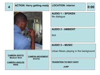 ACTION: Harry getting ready   LOCATION: interior
4                                                                0:00
                                   AUDIO 1 – SPOKEN
                                   No dialogue




                                   AUDIO 2 - AMBIENT

                                   N/A


                                   AUDIO 3 – MUSIC

                                   Urban Music playing in the background
CAMERA SHOTS
                CAMERA MOVEMENT
 Medium Shot
                   STATIC
CAMERA ANGLES                      TRANSITION TO NEXT SHOT
    WIDE
                                            JUMP
 