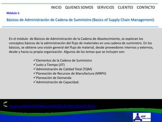 INICIO QUIENES SOMOS SERVICIOS CLIENTES CONTACTO
Módulo 1-

Básicos de Administración de Cadena de Suministro (Basics of Supply Chain Management)



 En el módulo de Básicos de Administración de la Cadena de Abastecimiento, se exploran los
 conceptos básicos de la administración del flujo de materiales en una cadena de suministro. En los
 básicos, se obtiene una visión general del flujo de material, desde proveedores internos y externos,
 desde y hacia su propia organización. Algunos de los temas que se incluyen son:

                 Elementos de la Cadena de Suministro
                 Justo a Tiempo (JIT)
                 Administración de Calidad Total (TQM)
                 Planeación de Recursos de Manufactura (MRPII)
                 Planeación de Demanda
                 Administración de Capacidad.




 Volver a MODULOS PARA LA CERTIFICACION CPIM DE APICS
 