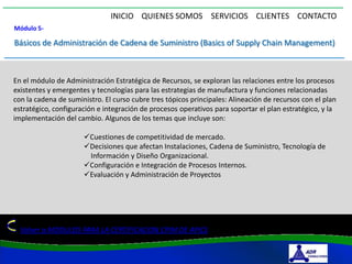 INICIO QUIENES SOMOS SERVICIOS CLIENTES CONTACTO
Módulo 5-

Básicos de Administración de Cadena de Suministro (Basics of Supply Chain Management)



En el módulo de Administración Estratégica de Recursos, se exploran las relaciones entre los procesos
existentes y emergentes y tecnologías para las estrategias de manufactura y funciones relacionadas
con la cadena de suministro. El curso cubre tres tópicos principales: Alineación de recursos con el plan
estratégico, configuración e integración de procesos operativos para soportar el plan estratégico, y la
implementación del cambio. Algunos de los temas que incluye son:

                      Cuestiones de competitividad de mercado.
                      Decisiones que afectan Instalaciones, Cadena de Suministro, Tecnología de
                       Información y Diseño Organizacional.
                      Configuración e Integración de Procesos Internos.
                      Evaluación y Administración de Proyectos




  Volver a MODULOS PARA LA CERTIFICACION CPIM DE APICS
 