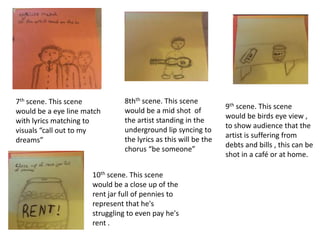 7th scene. This scene
would be a eye line match
with lyrics matching to
visuals “call out to my
dreams”

8thth scene. This scene
would be a mid shot of
the artist standing in the
underground lip syncing to
the lyrics as this will be the
chorus “be someone”

10th scene. This scene
would be a close up of the
rent jar full of pennies to
represent that he's
struggling to even pay he's
rent .

9th scene. This scene
would be birds eye view ,
to show audience that the
artist is suffering from
debts and bills , this can be
shot in a café or at home.

 