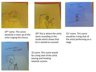 29th scene. This scene
would be a close up of the
artist singing the chorus

30th this is where the artist
starts recording in the
studio which shows that
he is started to succeed

32 scene. This scene would
be a long shot of the artist
leaving and heading
towards success.

31st scene. This scene
would be a long shot of
the artist performing on a
stage

 