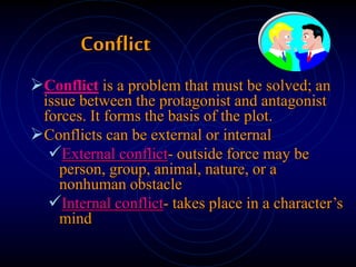 Conflict
Conflict is a problem that must be solved; an
issue between the protagonist and antagonist
forces. It forms the basis of the plot.
Conflicts can be external or internal
External conflict- outside force may be
person, group, animal, nature, or a
nonhuman obstacle
Internal conflict- takes place in a character’s
mind
 