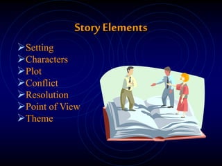 Story Elements
Setting
Characters
Plot
Conflict
Resolution
Point of View
Theme
 