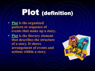 Plot (definition)
• Plot is the organized
pattern or sequence of
events that make up a story.
• Plot is the literary element
that describes the structure
of a story. It shows
arrangement of events and
actions within a story.
 